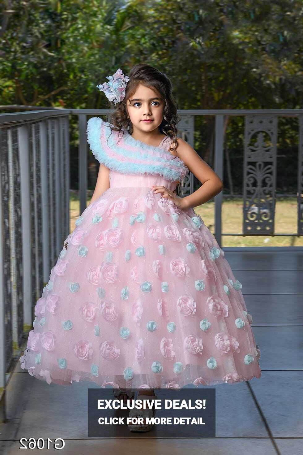 Baby pink princess gown with frilled neckline and floral ...