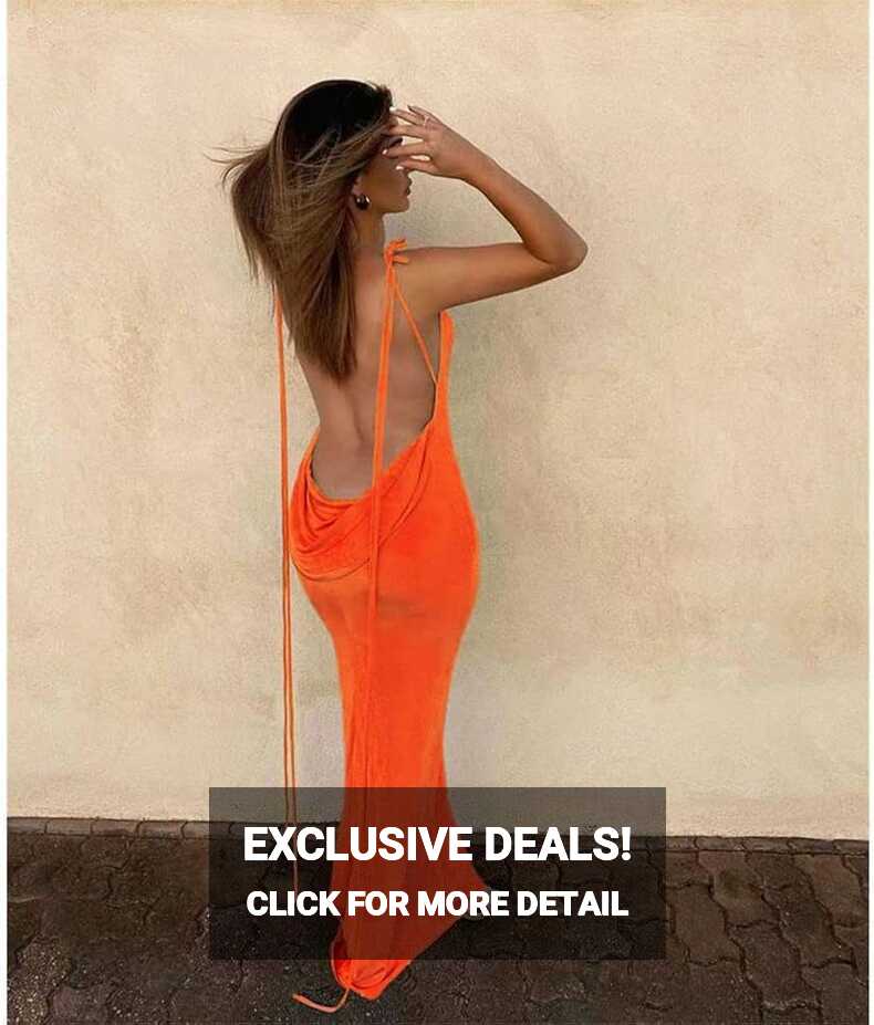 Backless Maxi Dress Sexy Orange Spaghetti Strap Slim Dress For ...