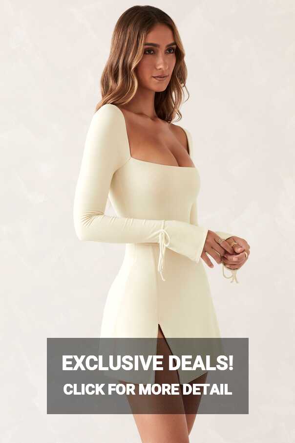 Baize Square Neck Long Sleeve Mini Dress in Ivory | Oh Polly