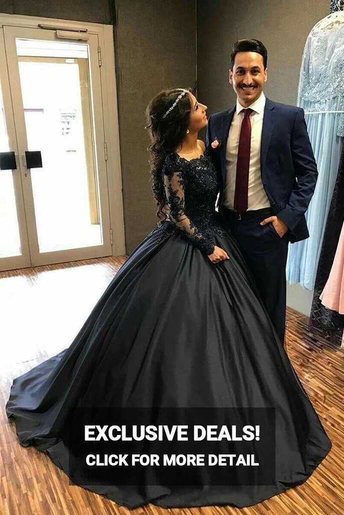 Ball Gown Lace Long Sleeves Prom Dress Black Quinceanera Dresses ...