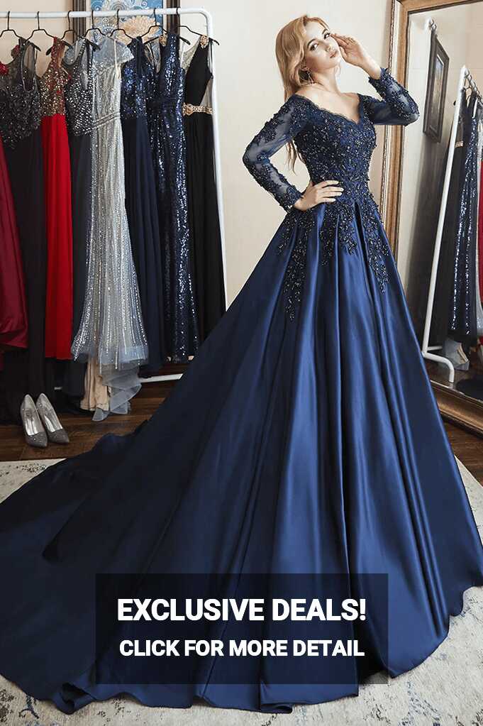 Ball Gown Long Sleeves Off Shoulder Beaded Navy Blue Prom Dress ...