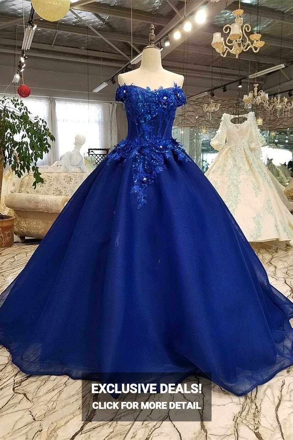 Ball Gown Off The Shoulder Corset Beaded Flowers Lace Royal Blue ...