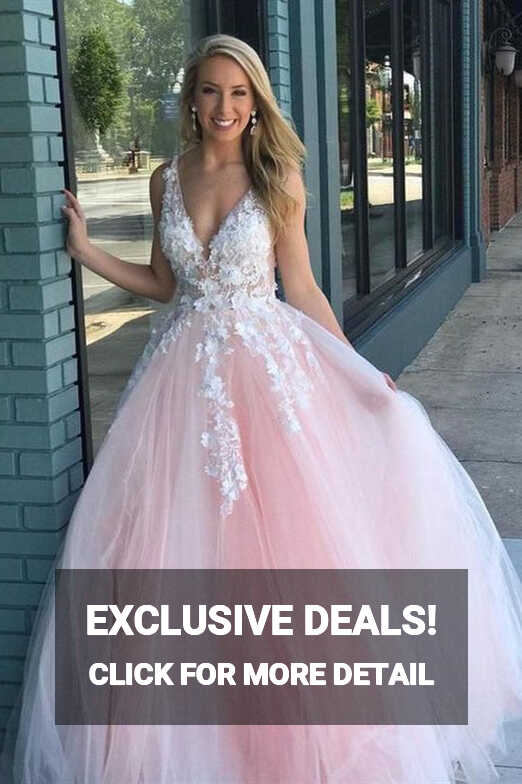 Ball Gown V Neck Pink Prom Dress with White Lace – FancyVestido