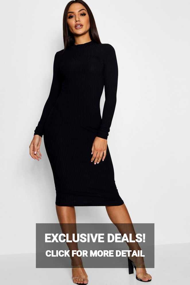 Basics Ribbed High Neck Long Sleeved Midi Dress | Long sleeve midi ...