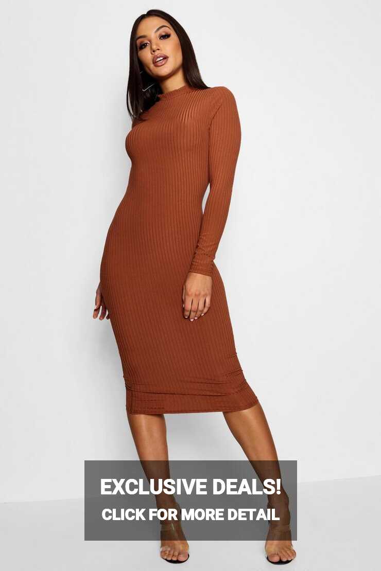 Basics Ribbed High Neck Long Sleeved Midi Dress | boohoo NZ