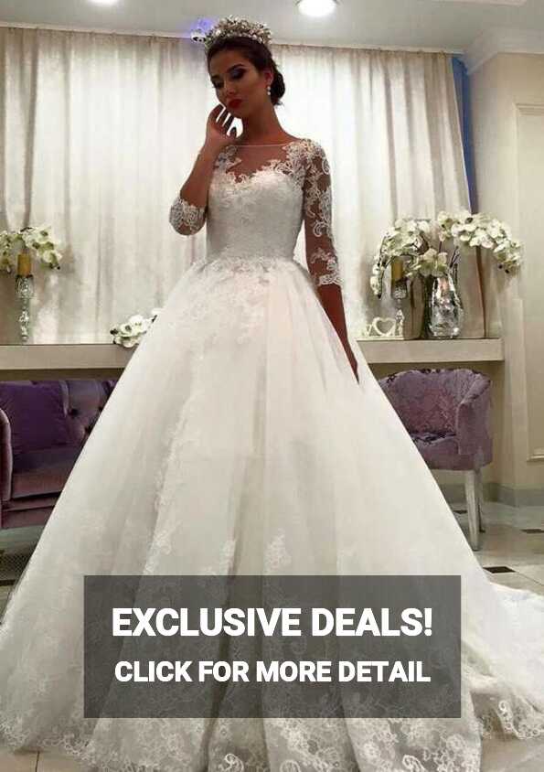 Bateau 3/4 Sleeve Sweep Train A-line/Princess Tulle Wedding Dress ...