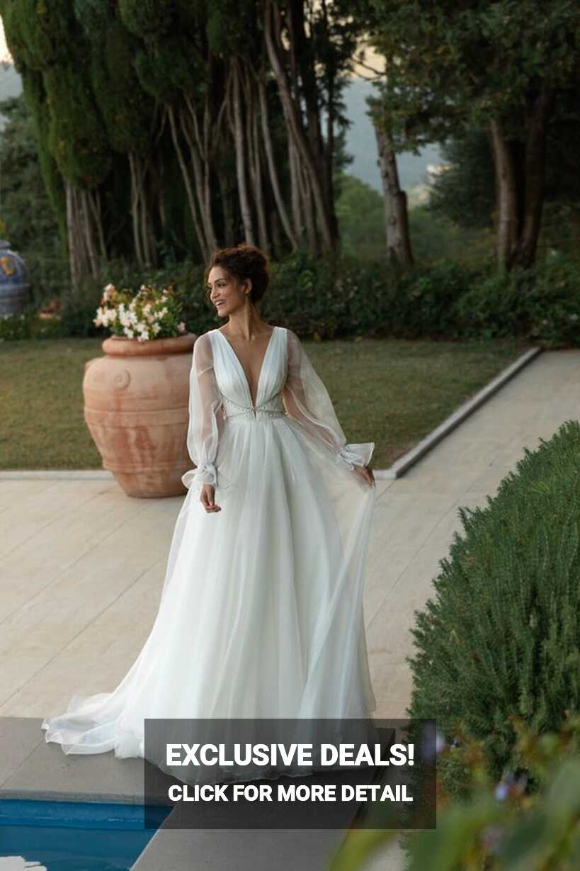 Beach Flowy, Simple, Long Sleeves, Plunge Neck A Line Wedding ...