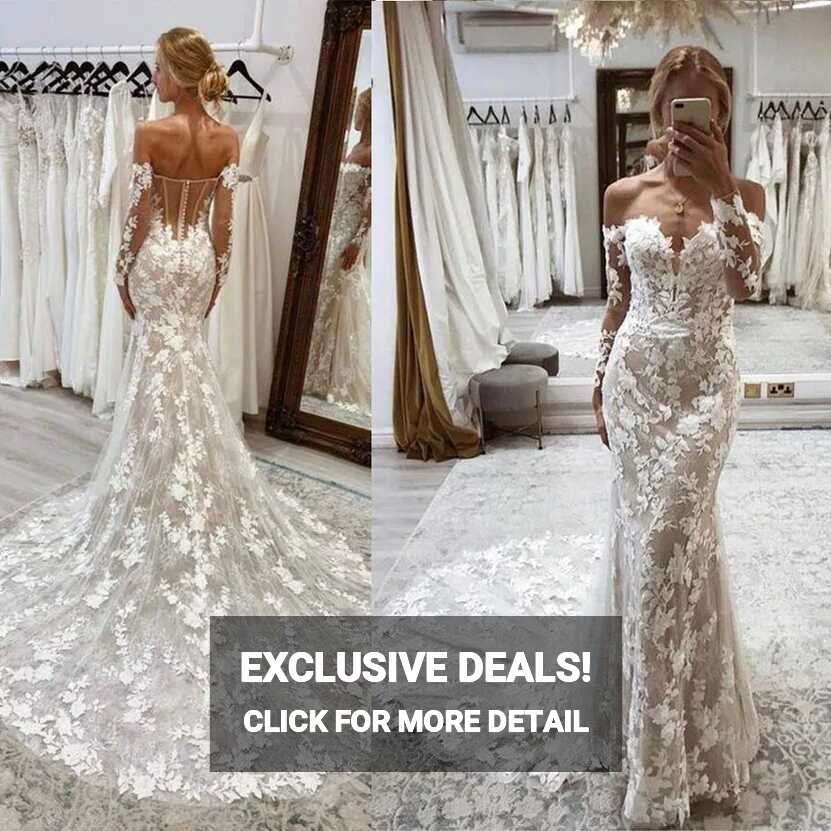 Beach Mermaid Wedding Dresses Applique Lace Sweep Train Long ...