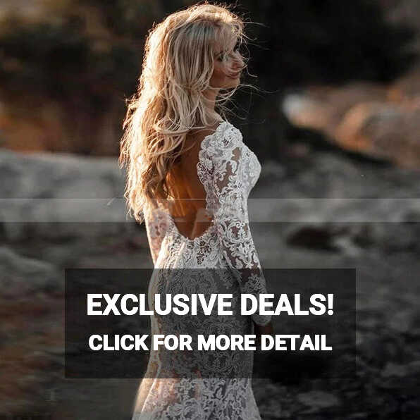 Beach Vintage Lace Wedding Dresses Open Back Long Sleeves Sweep ...