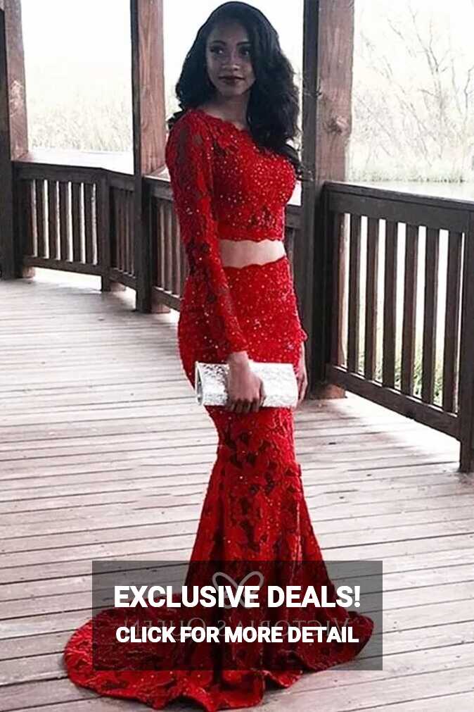 Bead Dotted Red Lace Two-piece Long Sleeve Prom Dress - VQ