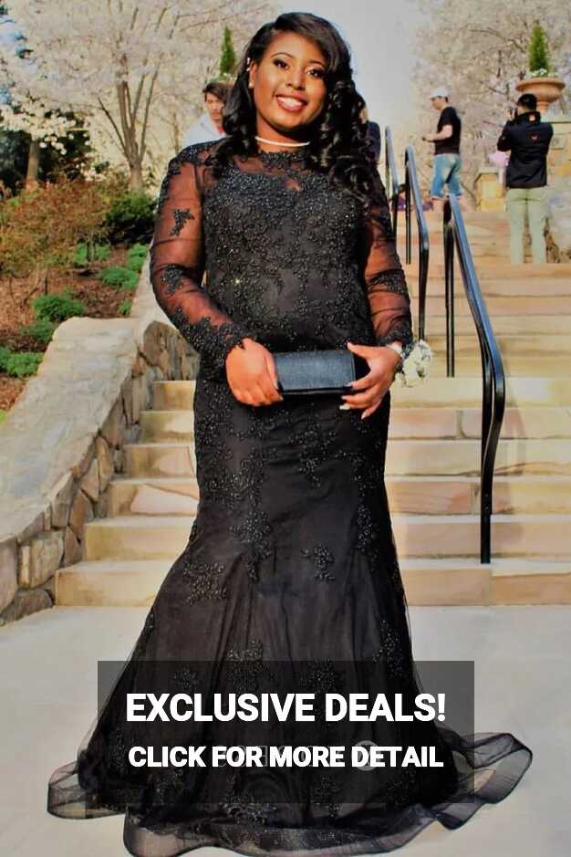 Beaded Black Lace Long Sleeve Plus Size Prom Dress - Xdressy