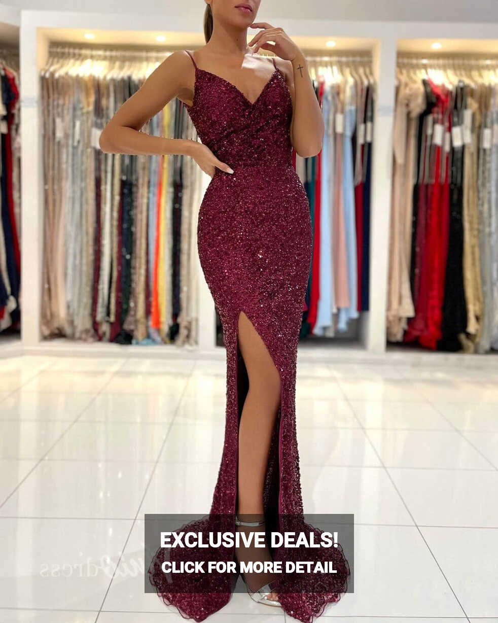 Beaded Burgundy Mermaid Prom Dress with Slit FD2842 – Viniodress