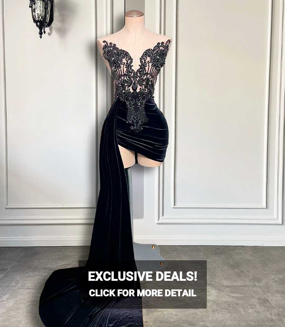 Beaded Embroidery Women Homecoming Gowns Black Velvet Short Prom ...