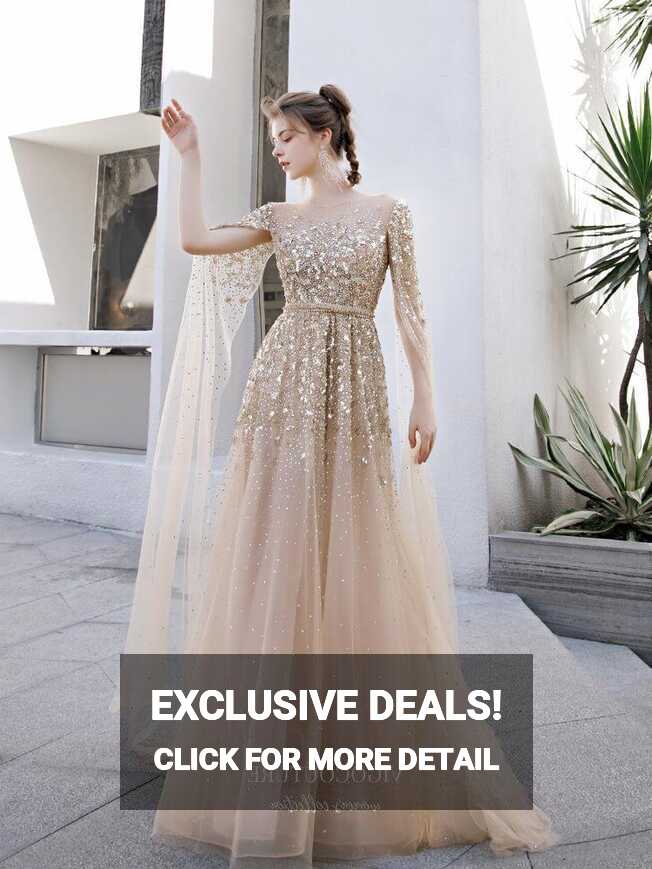 Beaded Extra Long Sleeve Prom Dress 20232 – vigocouture