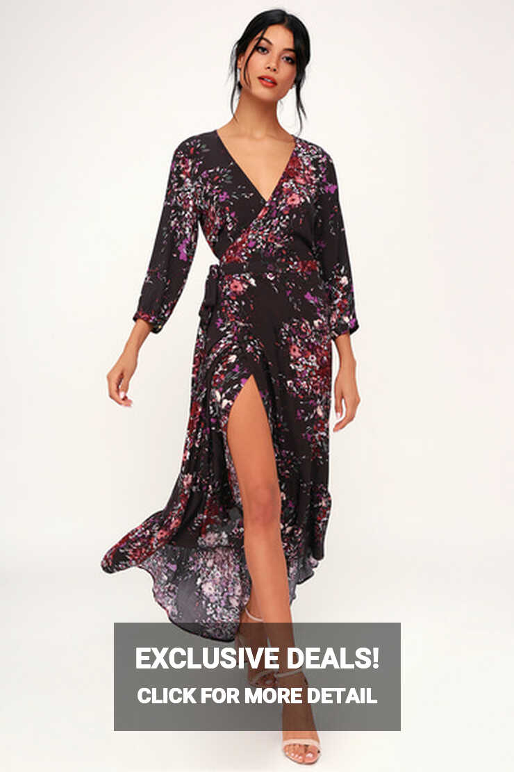 Beautiful Dark Purple Floral Print Midi Dress - Floral Wrap Dress ...