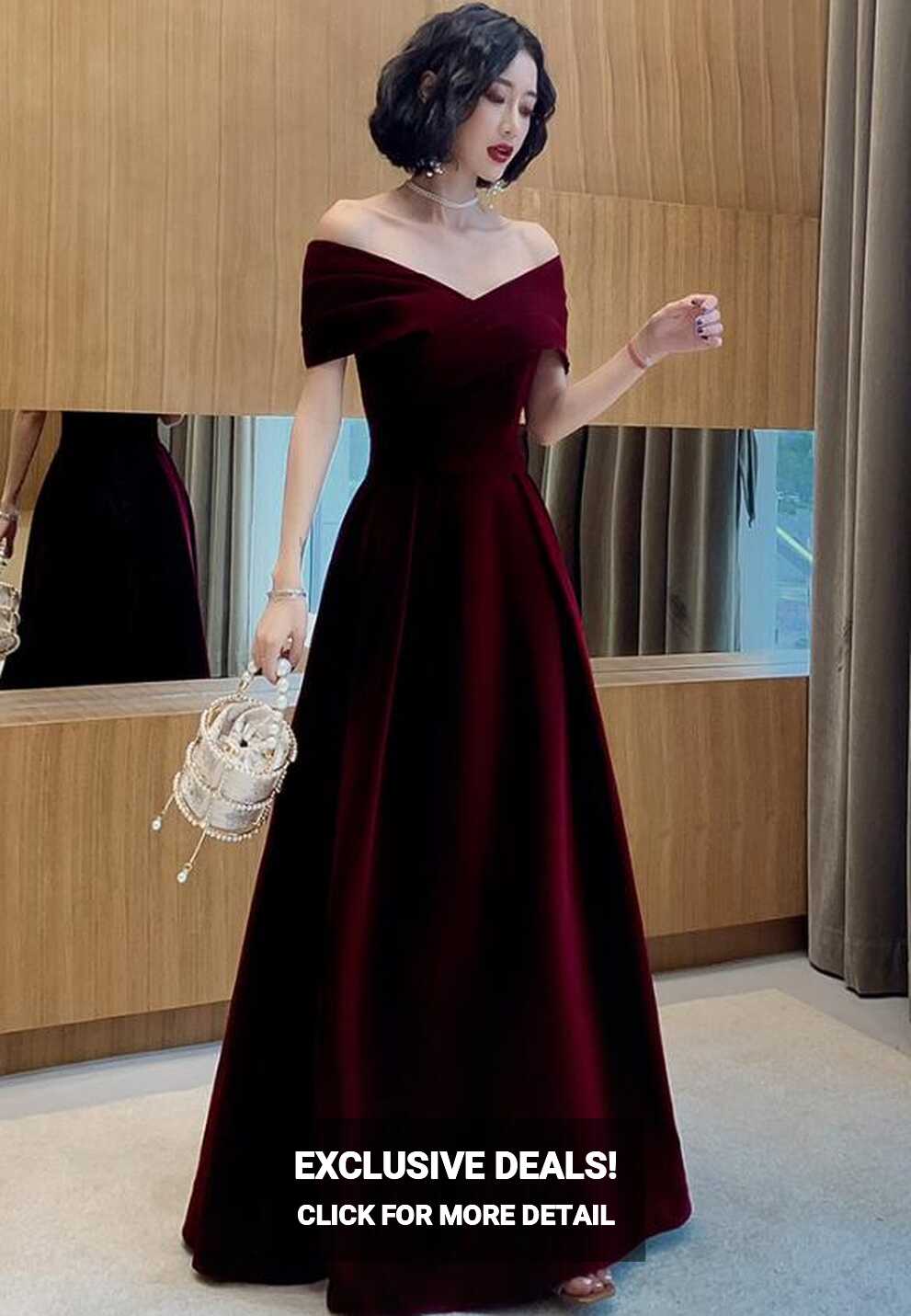 Beautiful Dark Red Velvet Off Shoulder Bridesmaid Dress, A-line ...