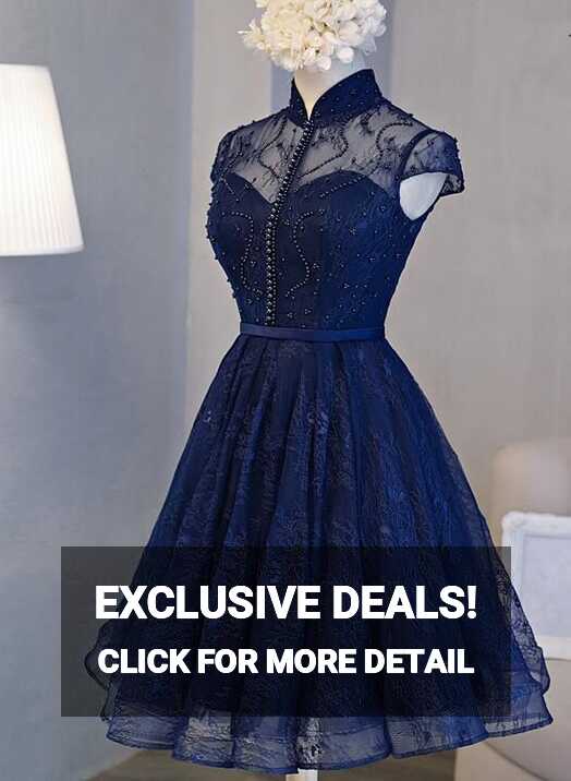 Beautiful Navy Blue Knee Length Lace Party Dress, Homecoming Dress ...