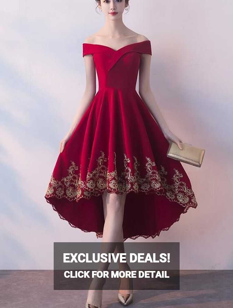 Beautiful Red High Low Party Dress With Gold Applique, Stylish ...