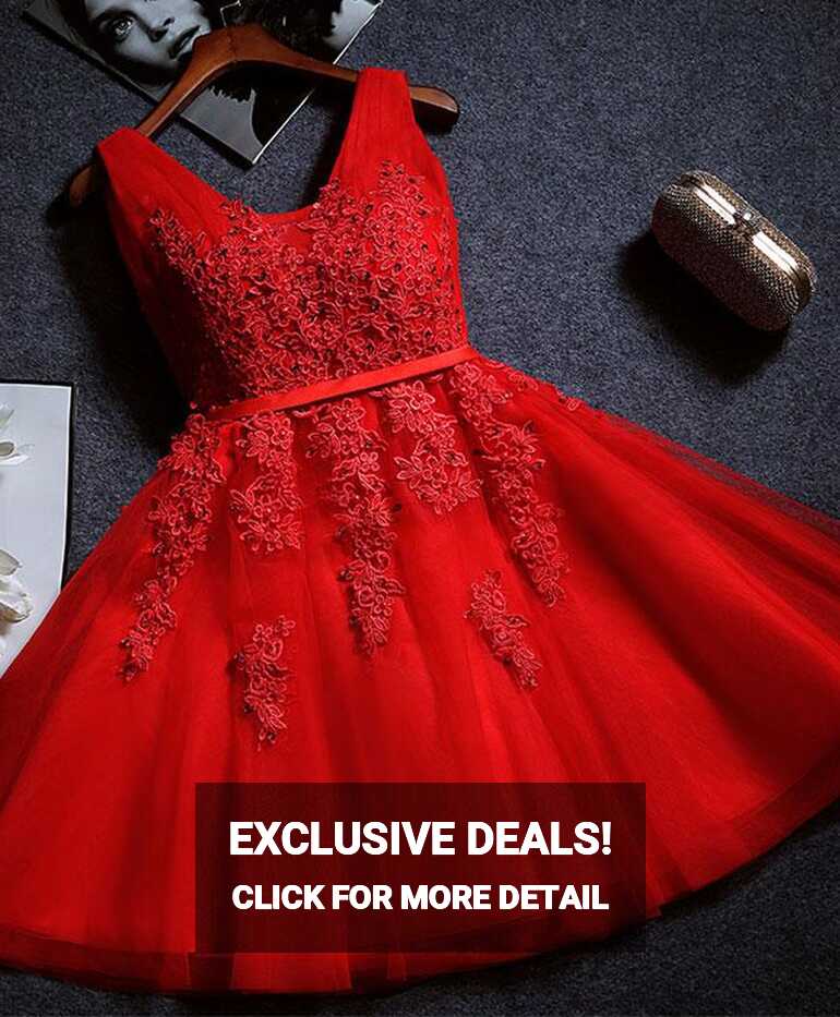 Beautiful Red Short Tulle Lace Applique Party Dress, Red Short ...