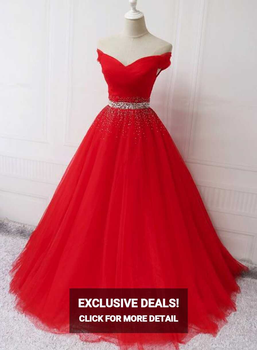 Beautiful Red Tulle Sweetheart Off Shoulder Ball Gowns, Pretty ...