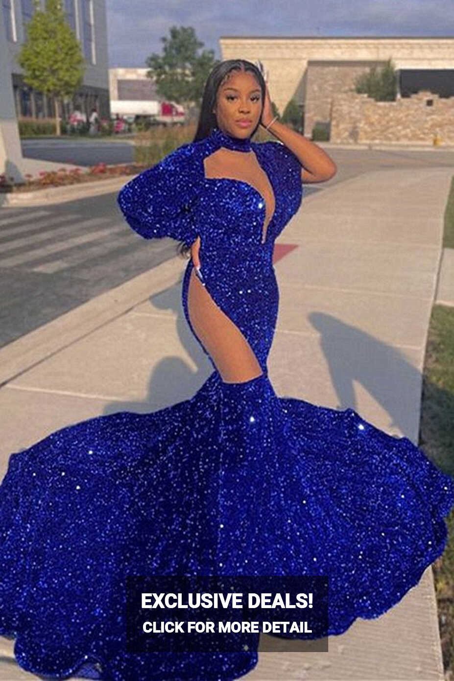 Beautiful Royal Blue Long Mermaid High-neck Sequined Formal Prom ...