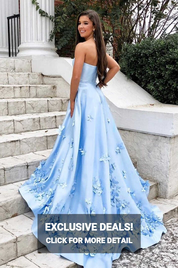 Beautiful Strapless Long Satin Light Blue Prom Dresses With Pockets