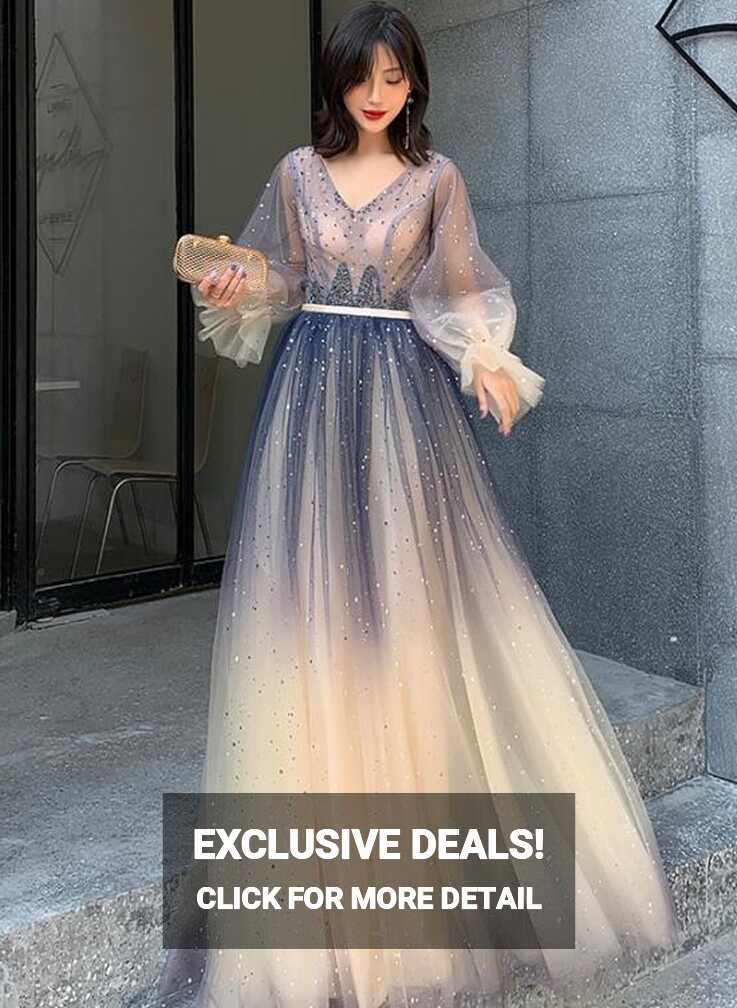 Beautiful V-neckline Long Puffy Sleeves Gradient Party Dress, Long ...