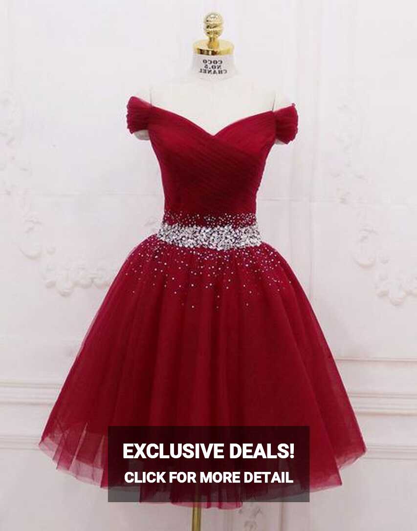 Beautiful Wine Red Tulle Knee Length Formal Dress, Off Shoulder ...