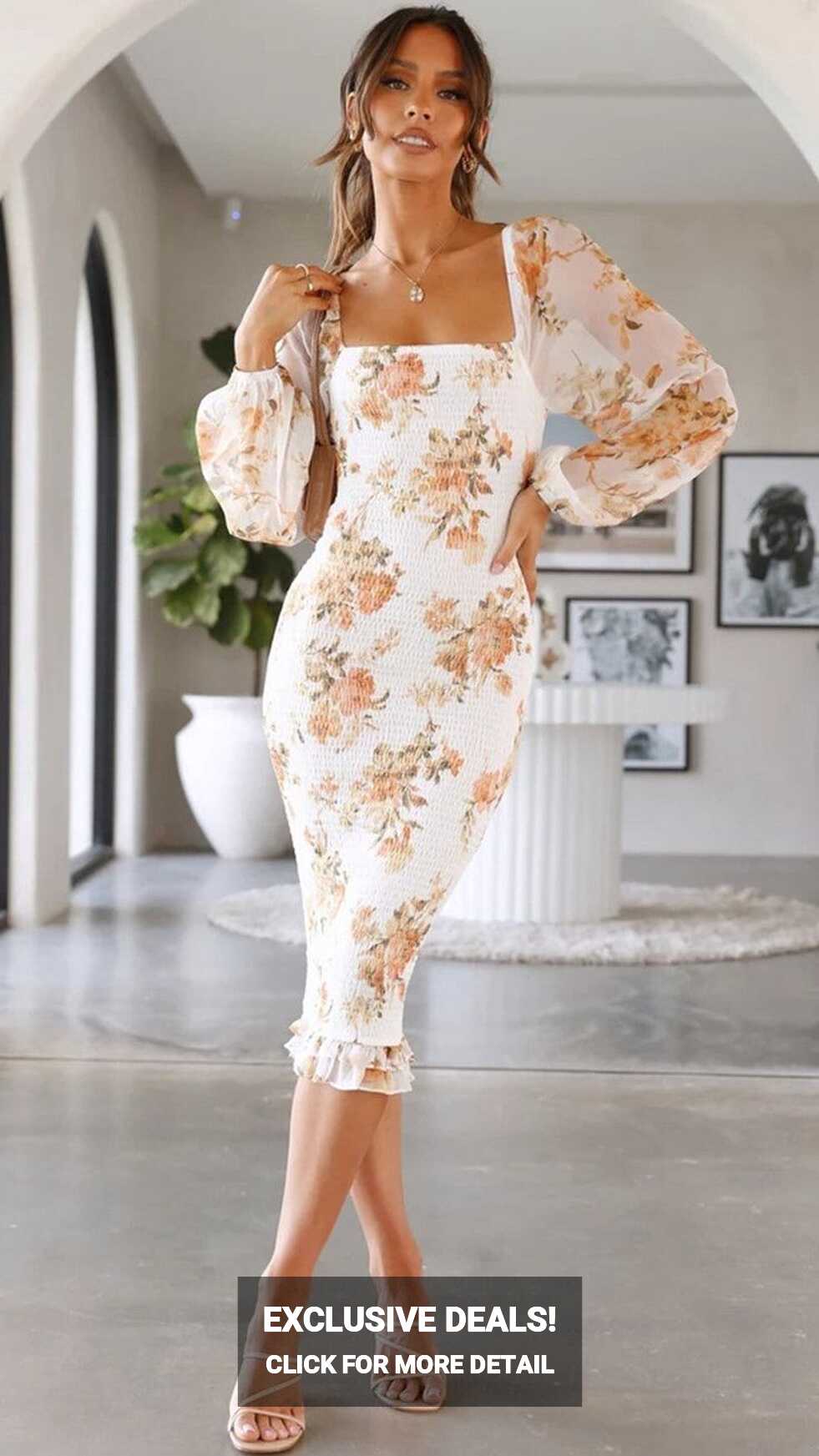 Beige Floral Smocked Bodycon Dress - M