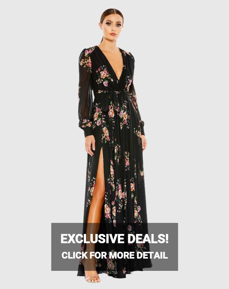 Belted Floral Print Illusion Long Sleeve Gown – Mac Duggal