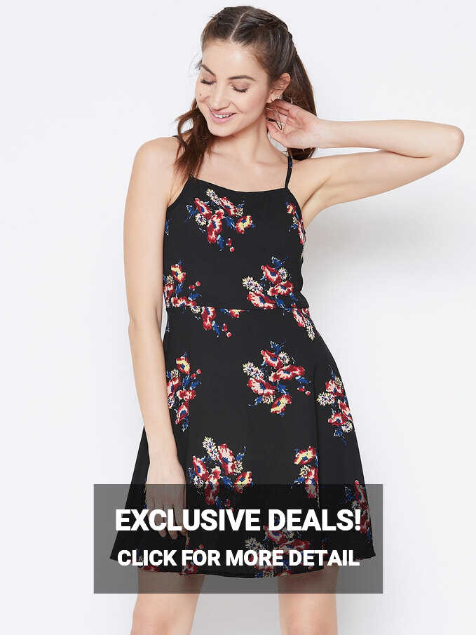 Berrylush Women Black &amp; Red Floral Printed Sleeveless Fit &amp; Flare Mini