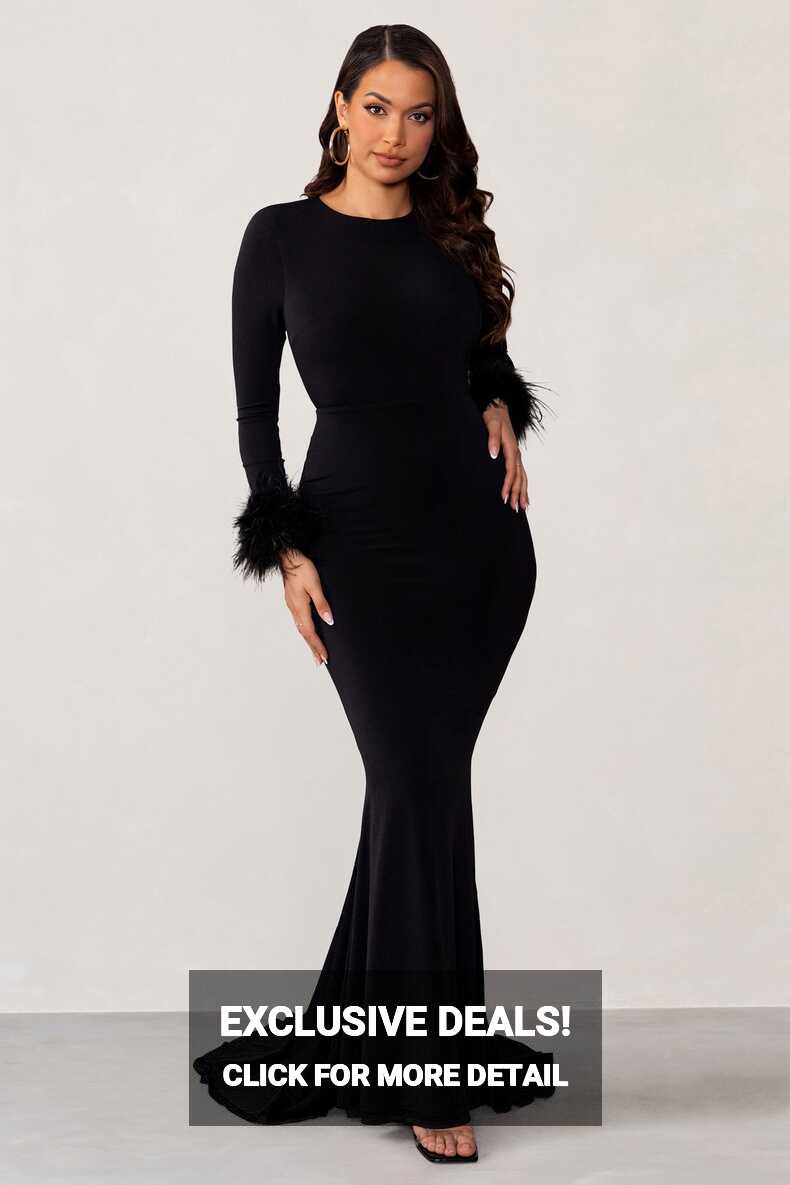 Betty Black High Neck Long Sleeve Maxi Dress with Feather Cuffs ...