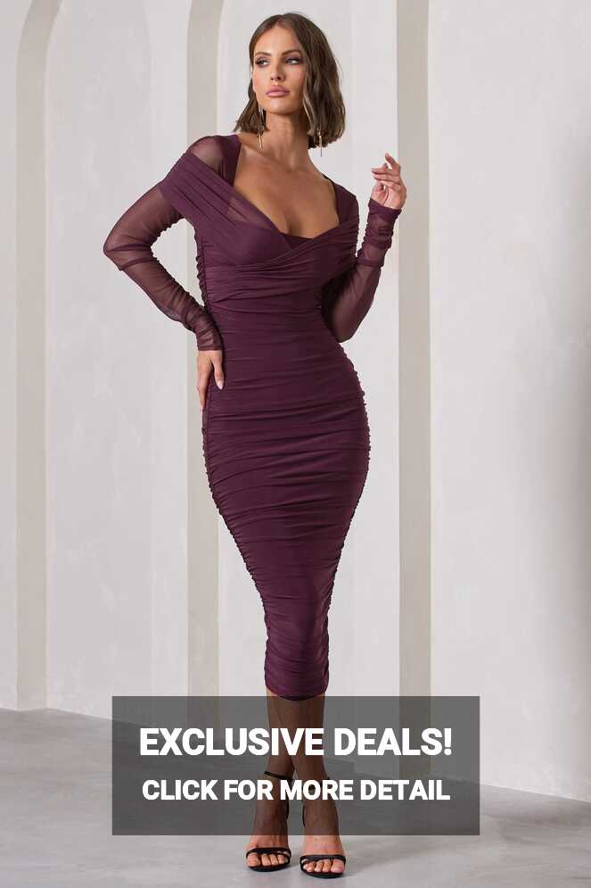 Between The Lines Plum Ruched Mesh Long-Sleeved Bodycon Midi Dress ...