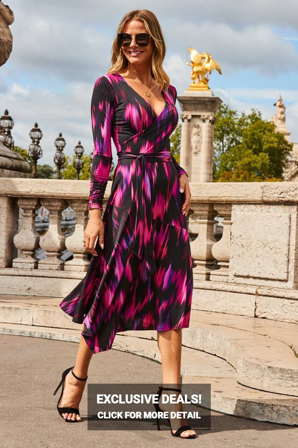 Black &amp; Pink Abstract Print Midi Wrap Jersey Dress