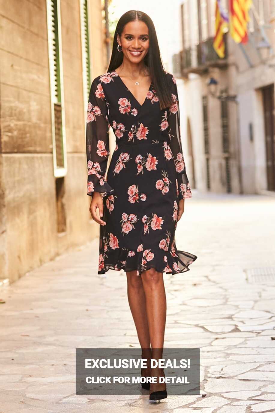 Black &amp; Pink Floral Print Wrap Front Dress