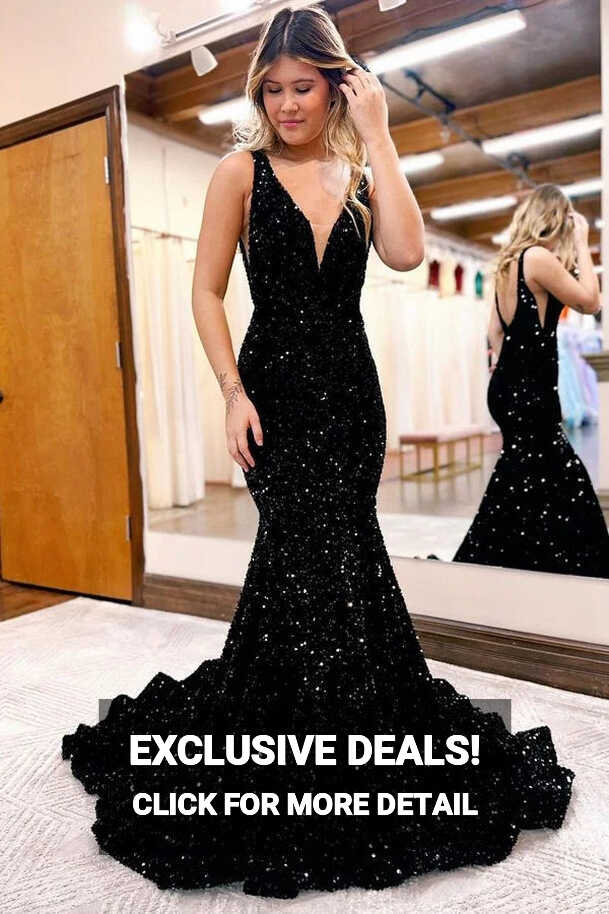 Black 2024 V Neck Prom Dresses Sequins Long UK Evening Dress ...