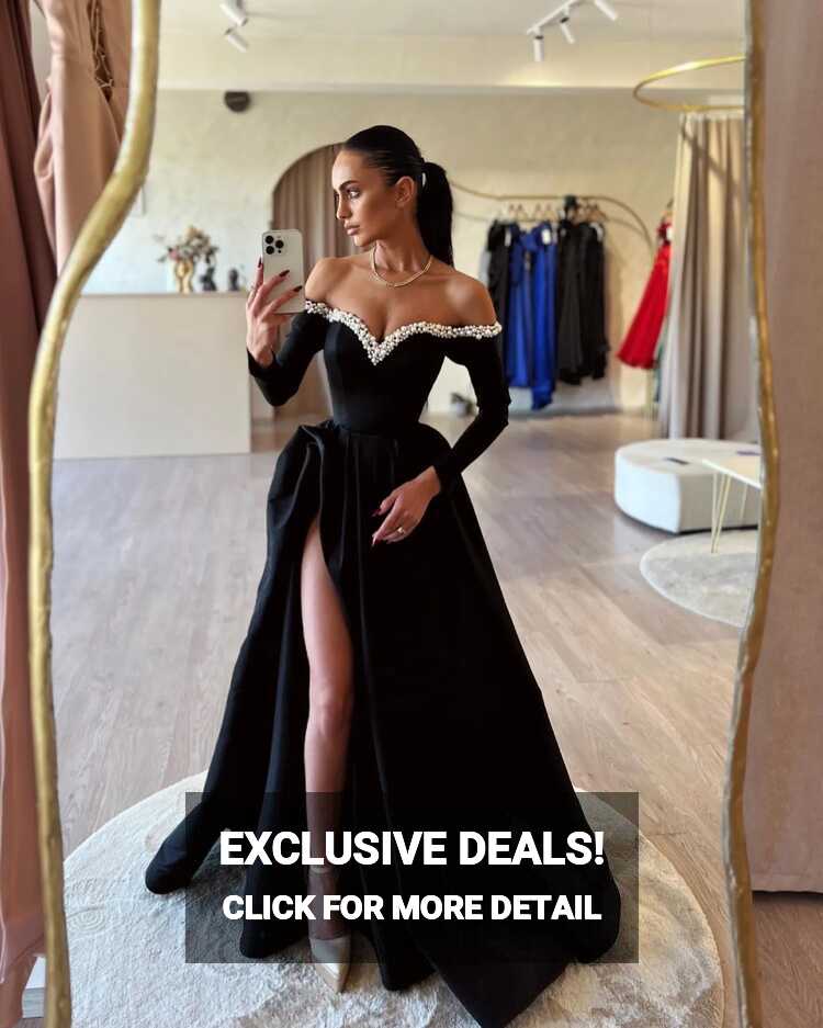 Black A Line Prom Dress With Slit With Pearls, Off Shoulder Design ...