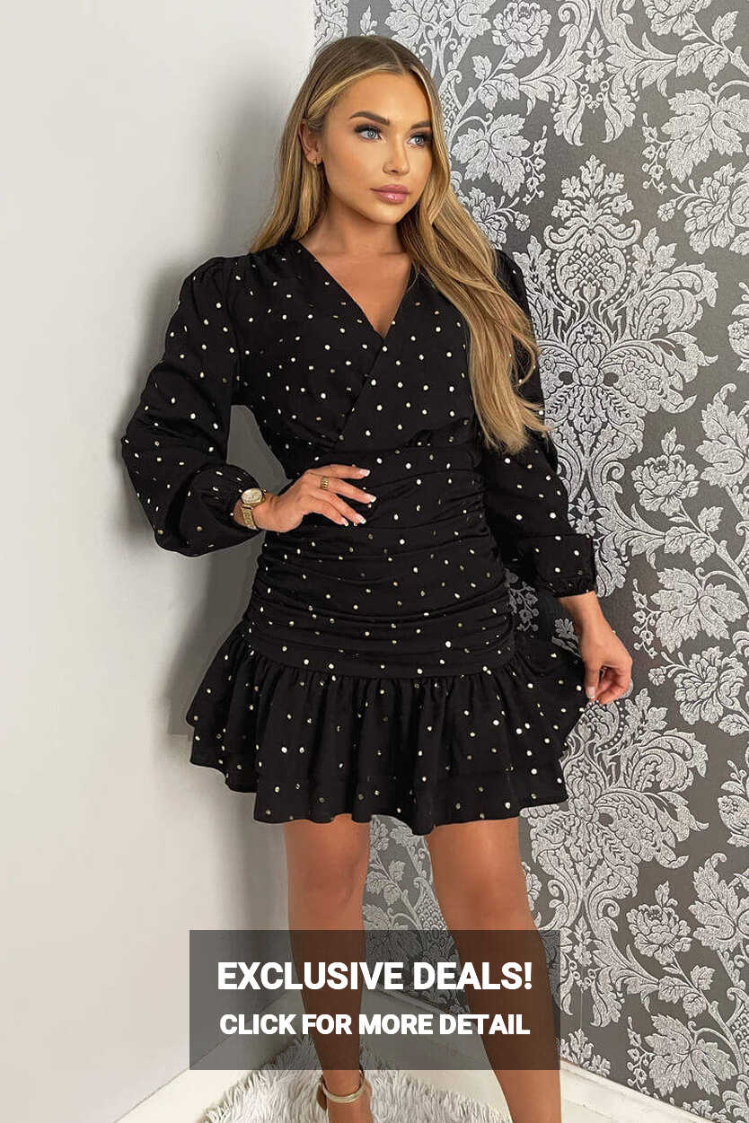 Black And Gold Polka Dot Long Sleeve Frill Hem Mini Dress – AX Paris