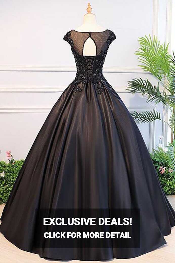 Black Ball Gown Illusion Neck Cap Sleeves Prom Dress Graduation ...