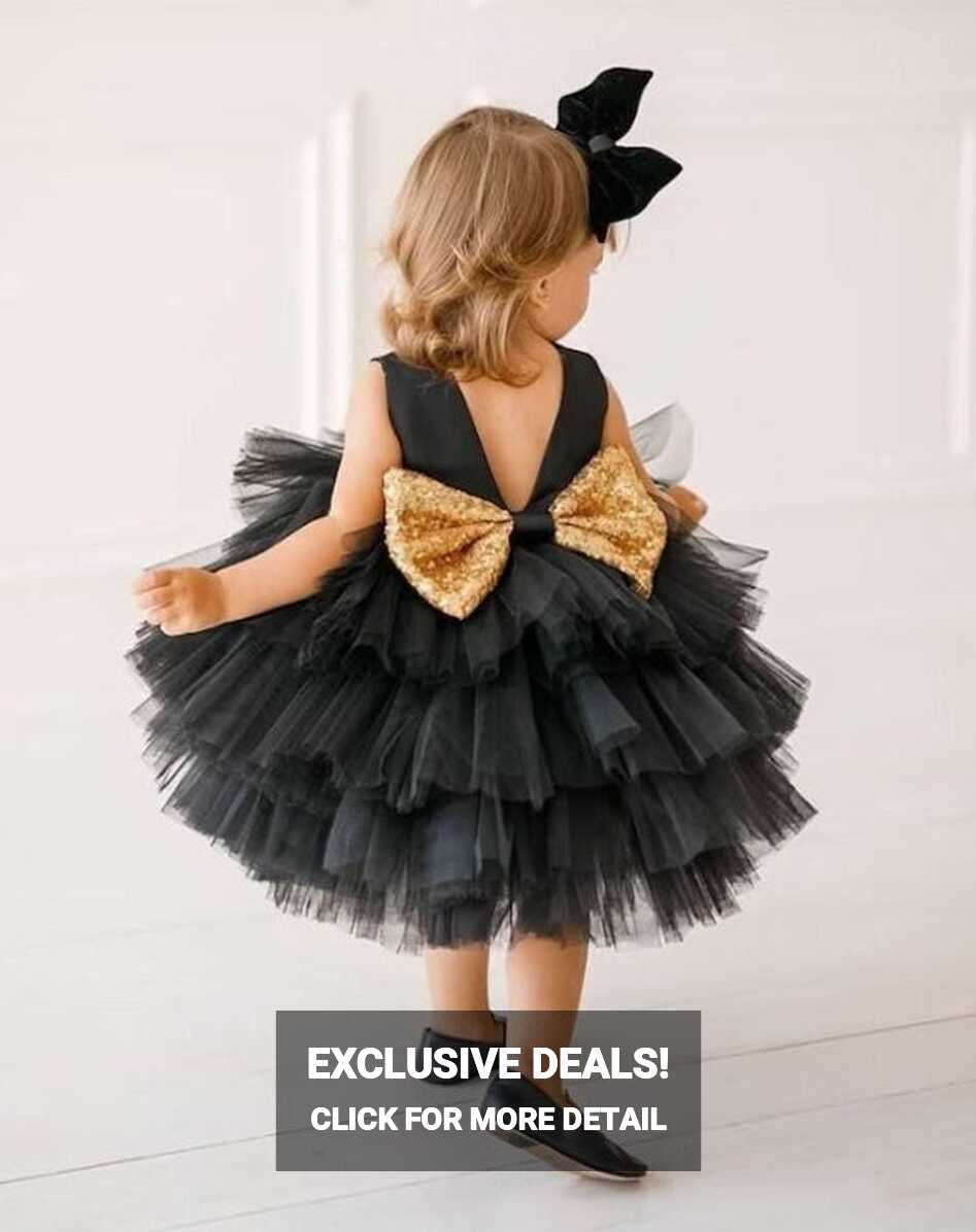 Black Birthday Party Baby Girl Dress, Short Puffy Toddler Dress ...