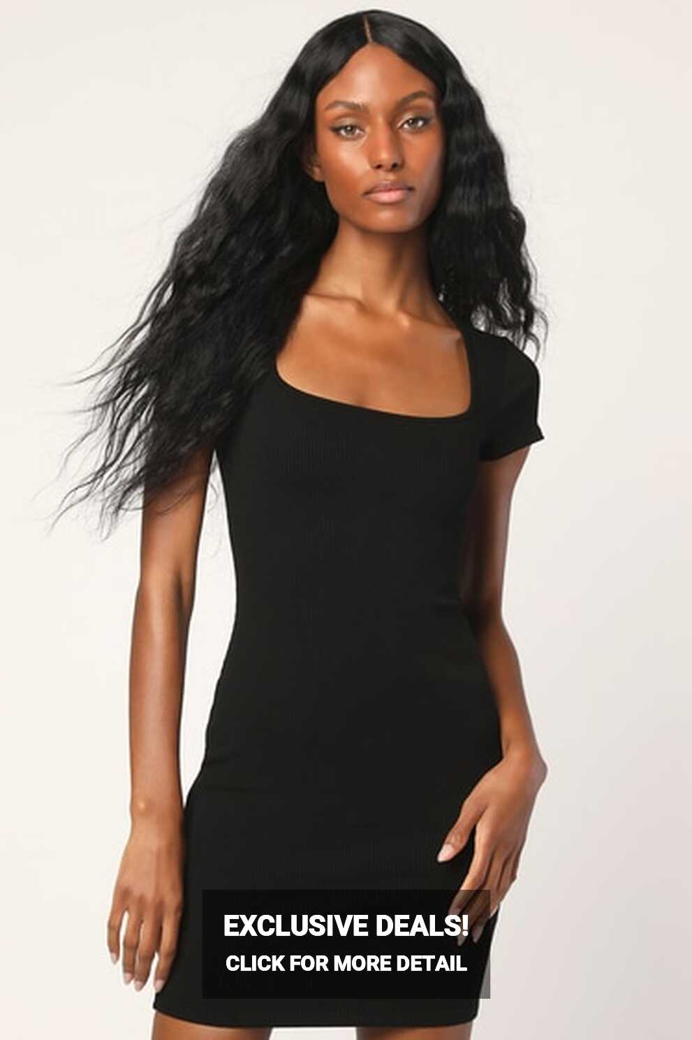 Black Bodycon Dress - Ribbed Knit Dress - Square Neckline Dress ...