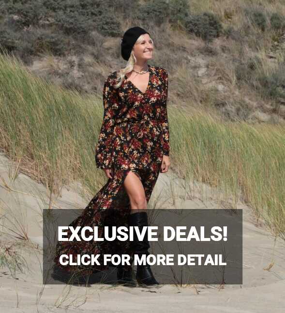 Black Boho Maxi Dress red flowers- Floral Fall Winter Dress