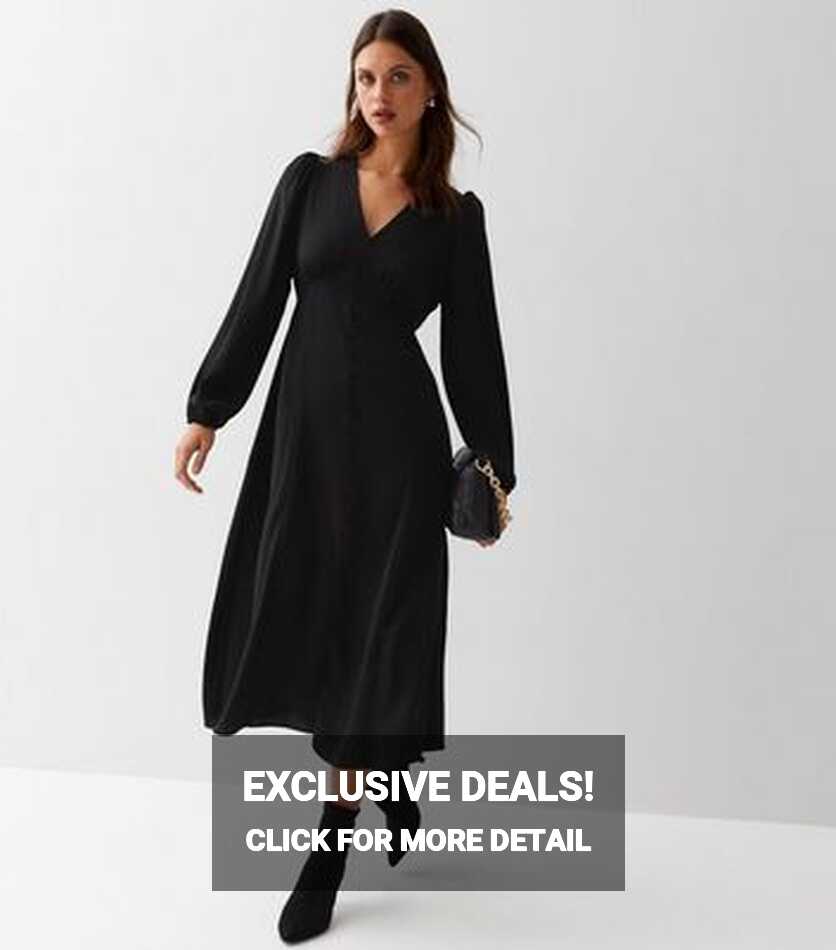 Black Button Front Long Puff Sleeve Midi Dress | New Look