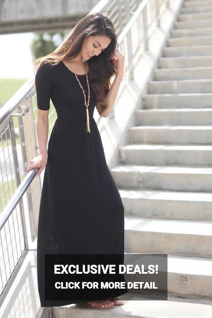 Black Casual Maxi Dress with 3/4 Sleeves