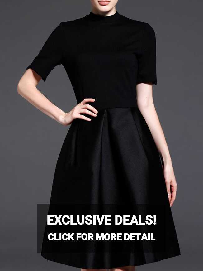 Black Crew Neck Pockets A-Line Dress