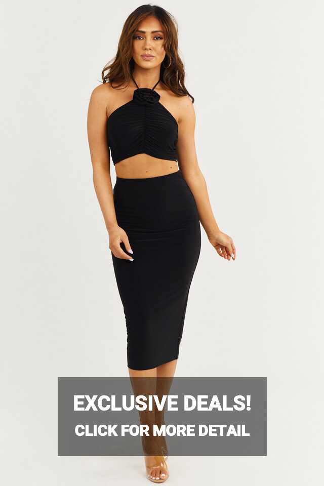 Black Crop Top and Midi Skirt Two Piece Set | Lime Lush