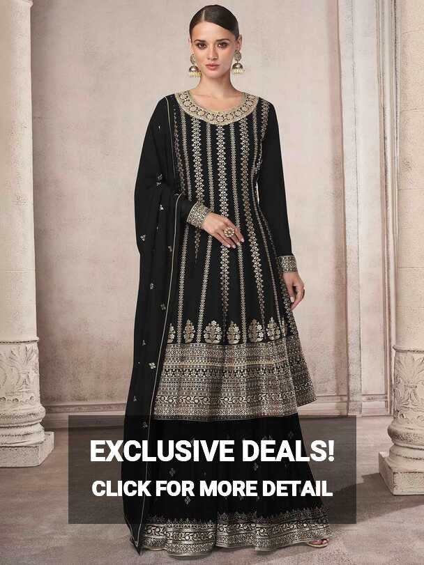 Black Embroidered Flared Salwar Suit In Georgette