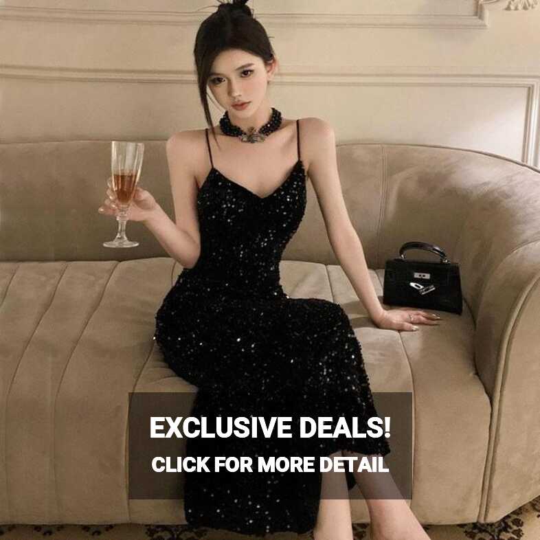 Black Evening Dress for girls women Korean style Shiny nightclub ...