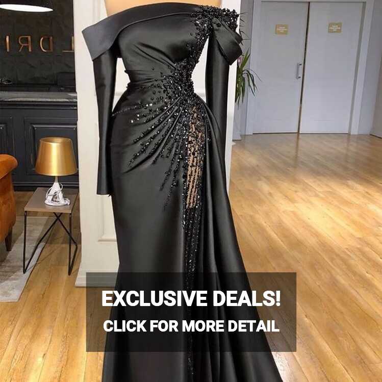 Black Evening Dresses 2023 Long Sleeve Boat Neck Beaded ...