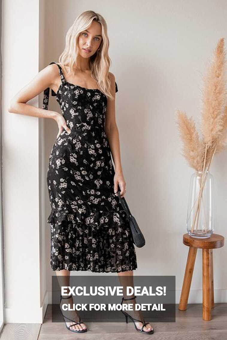 Black Floral Dress - Chiffon Midi Dress - Ruffled Midi Dress - Lulus